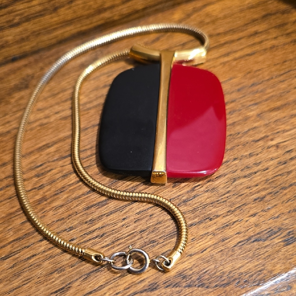 Trifari Gold Necklace with Red and Black Pendant